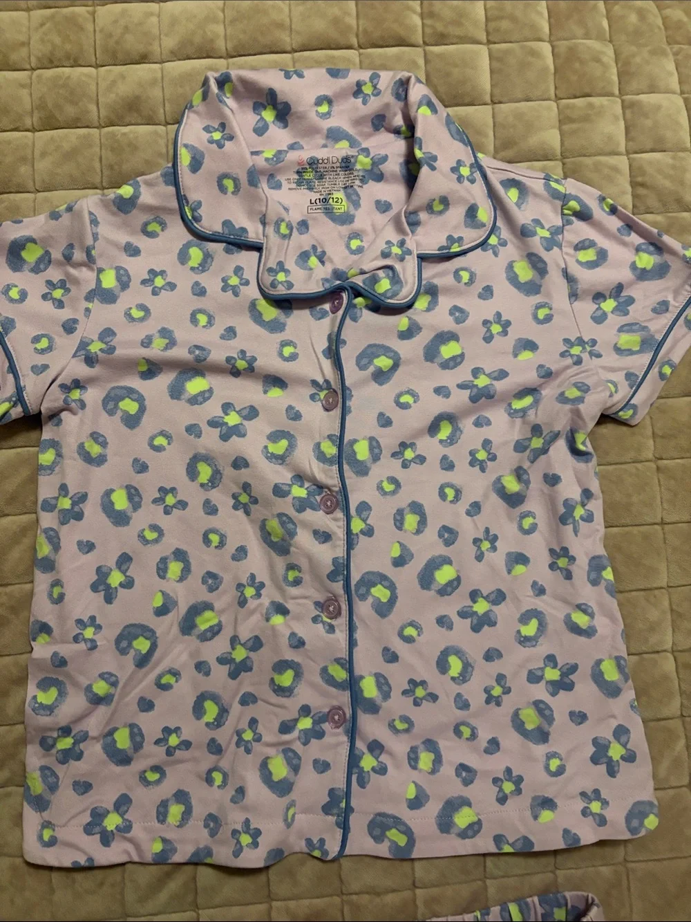 Cuddl Duds Lavender Floral Short Pajama Set with Blue Trim Size L(10/12)